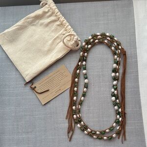 Handcrafted Green Turquoise and Freshwater Pearl Necklace knotted with Suede